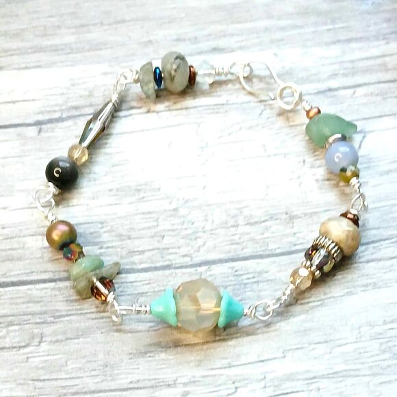 Gemstone Beaded Bracelet - 8" - Obsidian Aventurine Agate Hematite - Picture 1 of 6